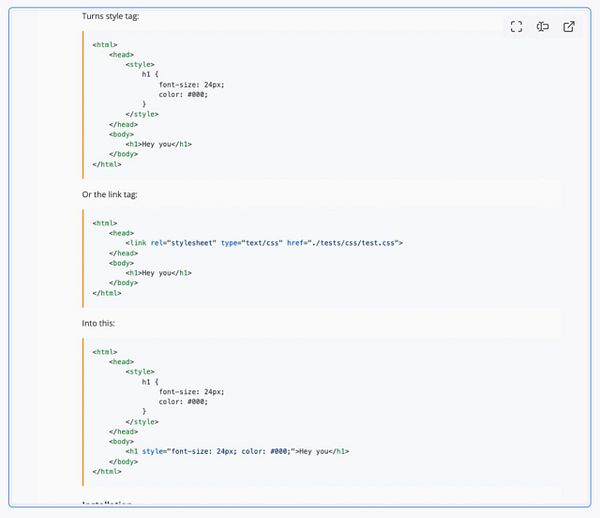 The image displays a code snippet demonstrating CSS inlining techniques in HTML.