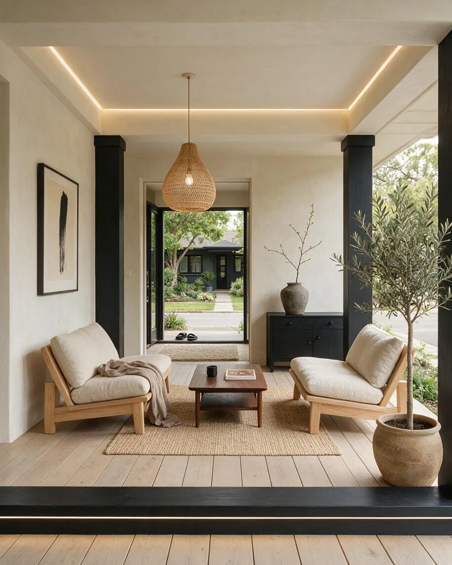 A calm front porch styled in Japandi design, featuring two low wooden lounge chairs with cream cushions, a small wood coffee table, and a woven pendant light overhead. The space has light wood flooring, black structural columns, a neutral textured rug, a dark cabinet with a vase, and a potted olive tree by the entry.