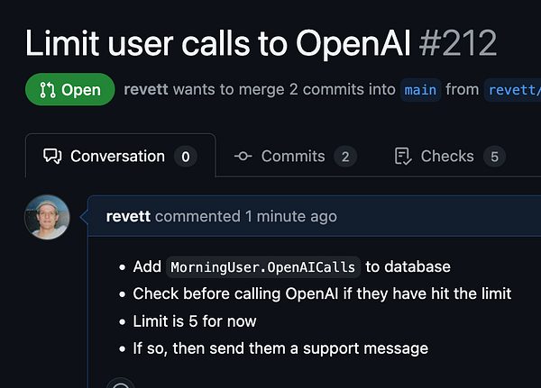 A GitHub pull request interface showing a task to limit user calls to OpenAI.
