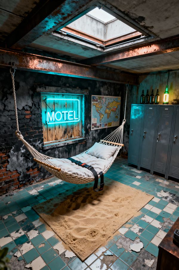 A gritty bedroom features a rope hammock bed suspended from rusted steel beams beneath an open skylight. Distressed black plaster and exposed brick walls hold a bright cyan MOTEL neon and a world map; chipped teal tiles surround a sand rug, gray metal lockers with bottles and a small lamp line the right wall, and the hammock’s white bedding is secured by black safety straps, all illuminated by skylight and neon light.