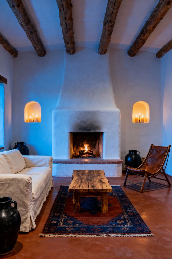 A rustic living room features a sculpted white plaster adobe fireplace with a burning fire and a slim brick ledge, flanked by arched candle niches. Exposed log beams cross the ceiling above a terracotta‑stained floor with a worn kilim rug, a live‑edge wood coffee table, an off‑white linen sofa, and a cognac leather sling chair; large black ceramic jars and cool blue evening light complete the scene.
