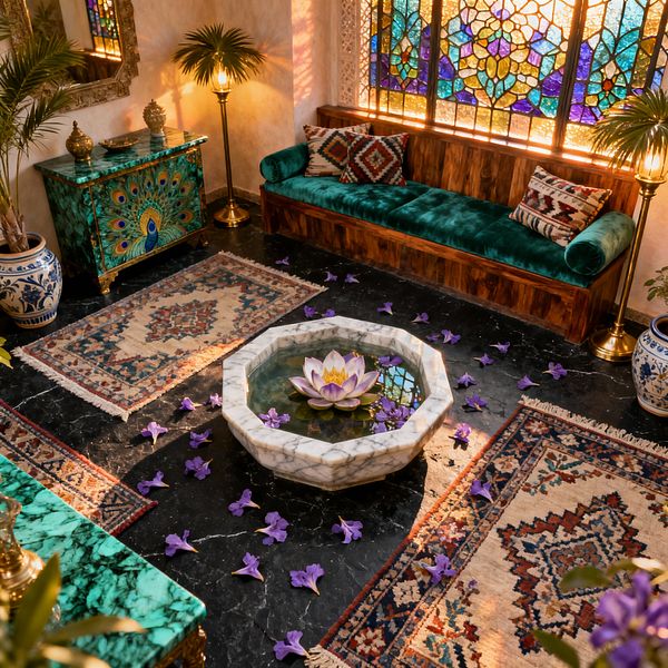 An ornate patio glows with light from a large stained-glass window, illuminating a built-in wooden bench upholstered in emerald velvet with patterned cushions. On black marble flooring, an octagonal white-marble water basin with a lotus centerpiece sits among layered kilim rugs, a malachite-top peacock cabinet, brass floor lamps, blue-and-white ceramic planters with palms, a gilded mirror, and scattered purple flower petals.