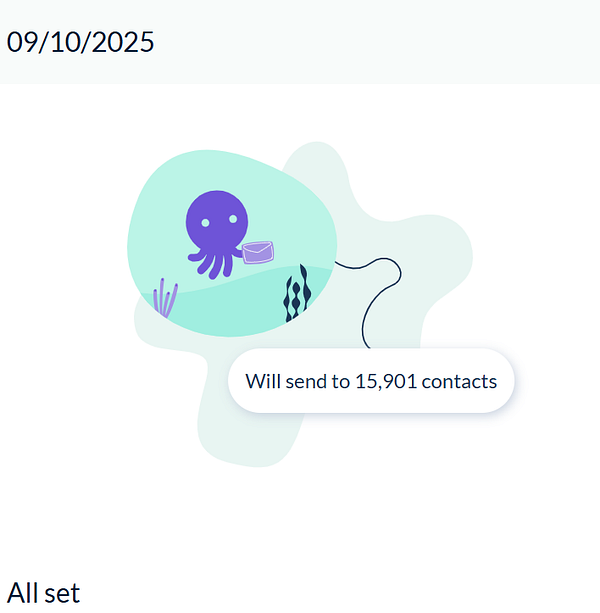 A whimsical illustration featuring an octopus preparing to send a newsletter to a large number of contacts.