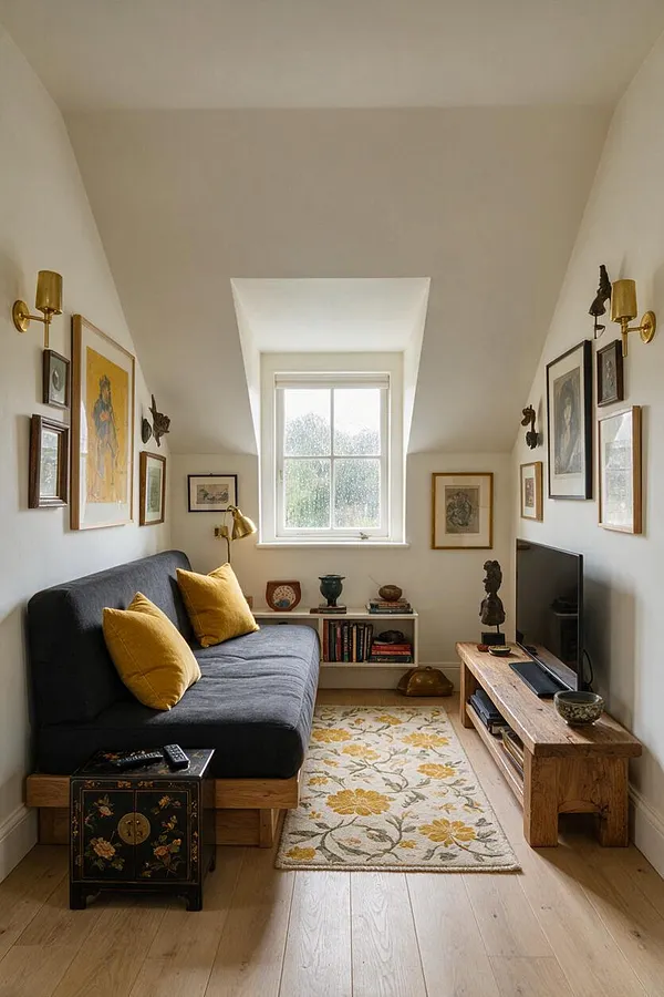 A narrow attic media room with sloped white ceilings, a central window, and gallery-style art hung on both walls. A dark gray sofa with mustard yellow pillows faces a flat-screen TV on a rustic wood bench, with a floral runner rug and small decorative tables adding warmth and eclectic character.