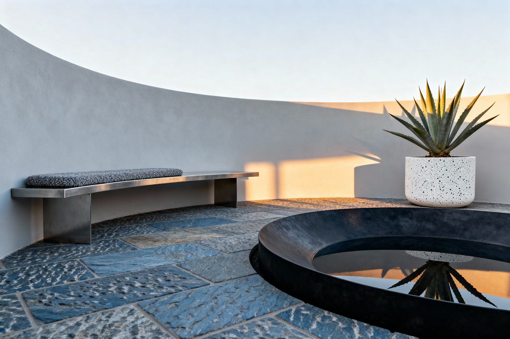 A minimalist patio features a curved, matte stucco wall, a slim brushed stainless-steel bench with a low gray textured cushion, and blue-gray slate pavers laid in staggered rectangles. A blackened steel circular water bowl reflects warm evening light beside a white speckled terrazzo planter holding a sculptural agave, creating a calm scene of clean lines, cool stone, and restrained color.