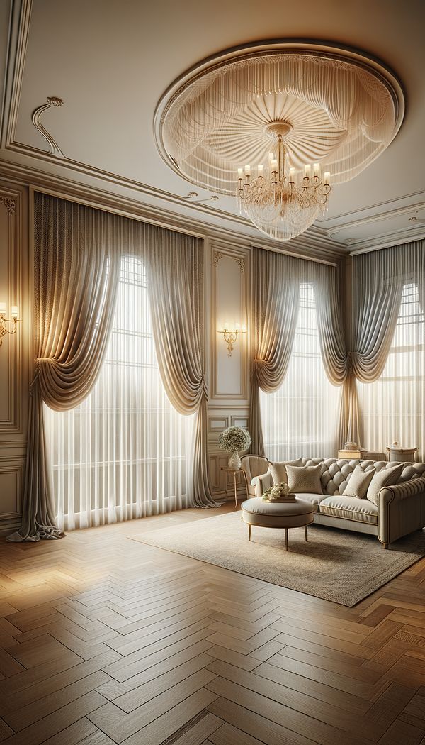 A beautifully decorated living room with warm lighting, showcasing large windows dressed with elegant festoon blinds made from sheer ivory fabric, creating soft, horizontal pleats that add to the room's romantic and traditional aesthetic.
