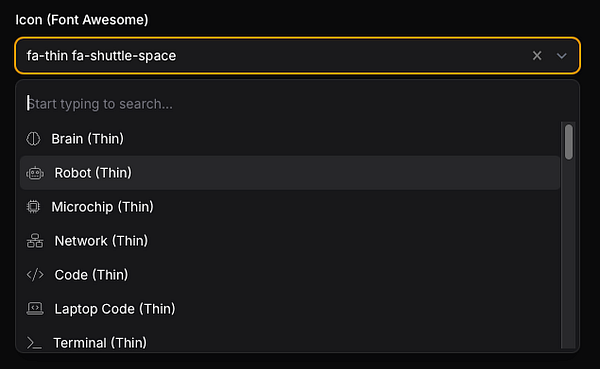 The image displays a user interface for selecting Font Awesome icons.