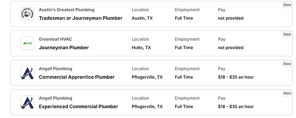 A list of new plumbing job opportunities with details about each position.