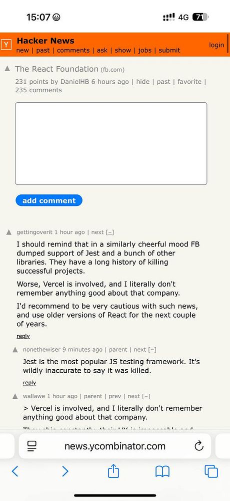 A screenshot of a Hacker News discussion about the React Foundation and Vercel's involvement.