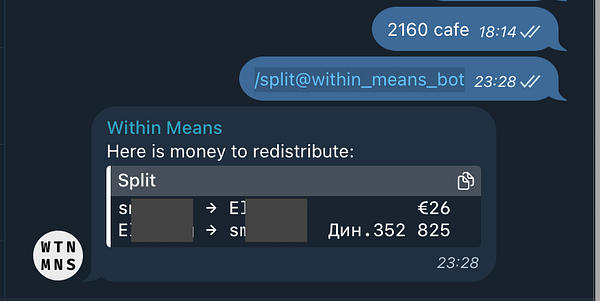 A chat interface displaying a command for redistributing expenses among users.