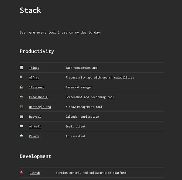 The image displays a stack page listing various productivity and development tools used daily.