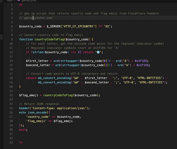 The image displays a PHP script designed to return a country code and flag emoji based on Cloudflare headers.