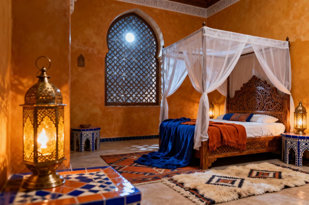 A Moroccan-style bedroom with ochre plaster walls centers on a carved wooden four-poster bed draped in sheer white canopy, dressed with white linens, a burnt orange throw, and a deep cobalt blanket. Warm brass lanterns glow on blue-and-white zellige-tiled side tables. An arched window with a patterned lattice admits moonlight. Layered rugs, including a shaggy Beni Ourain-inspired piece and a flat-woven kilim, rest on a pale stone floor beneath a decorative plaster cornice.