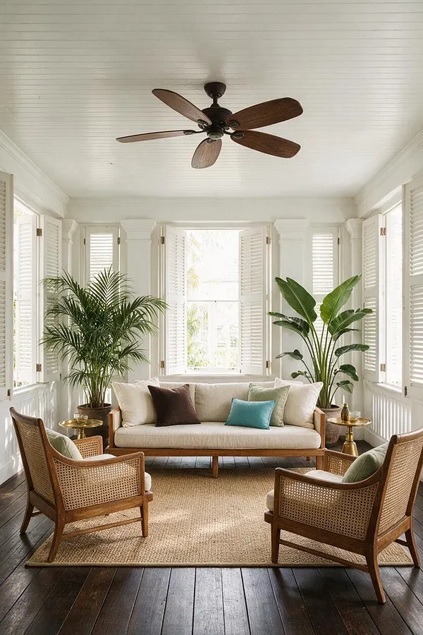A bright tropical front porch with white paneled walls, shuttered windows, and a dark wood floor. The space features a cane sofa and two matching armchairs arranged around a natural jute rug, with potted palms, brass side tables, and a ceiling fan overhead.
