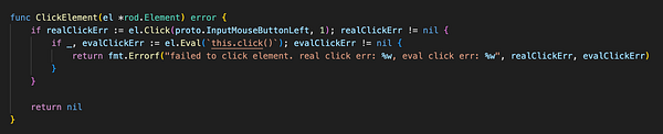 A code snippet in Go programming language that defines a function for clicking an element with error handling.