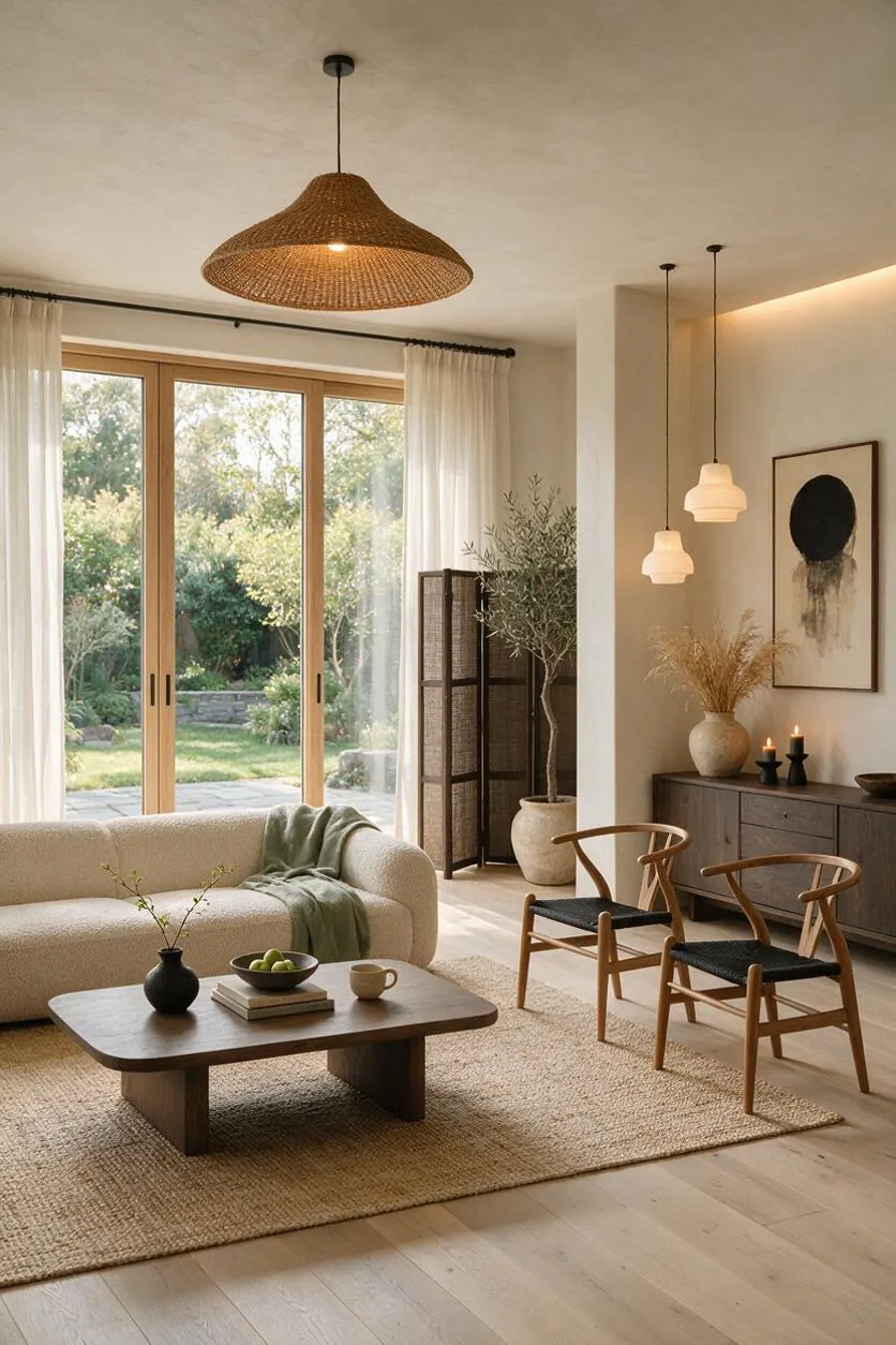 A bright Japandi-style sunroom with large wood-framed glass doors, sheer white curtains, and a woven pendant light. The room includes a cream curved sofa, a low wooden coffee table, two wood armchairs with black seats, and a dark sideboard styled with ceramics, candles, and dried grasses.