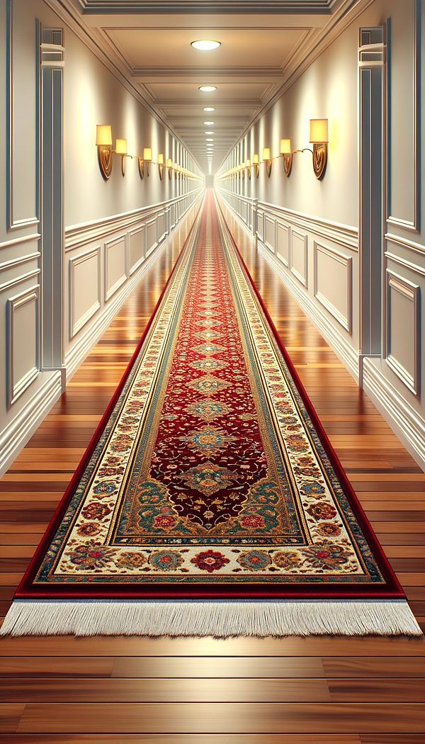 A long, narrow runner rug elegantly laid out in a bright, wooden-floored hallway, accentuating the length of the corridor and adding a pop of color.