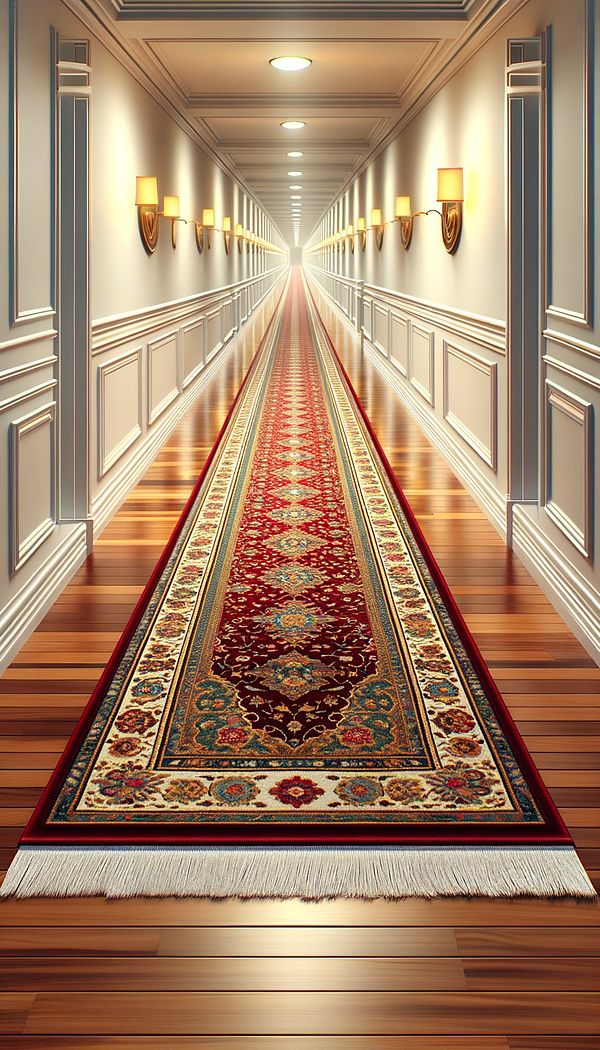 A long, narrow runner rug elegantly laid out in a bright, wooden-floored hallway, accentuating the length of the corridor and adding a pop of color.