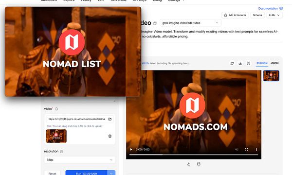 Screenshot of a Grok Model interface editing text in a web page thumbnail from Nomad List to Nomads.com within a video editing task.
