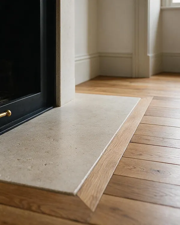 A close-up of a transitional fireplace area showing a matte black fireplace surround with a brass handle, a pale stone hearth, and warm oak flooring bordered by a light wood inlay. White walls with simple trim and soft natural light create a calm, refined interior.
