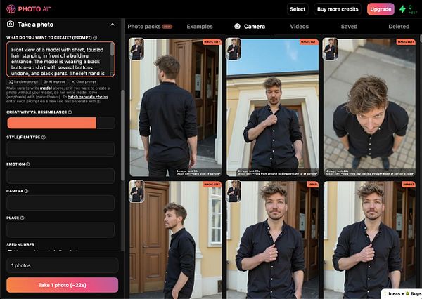 A user interface for a photo generation tool displaying various images of a model in a black shirt.