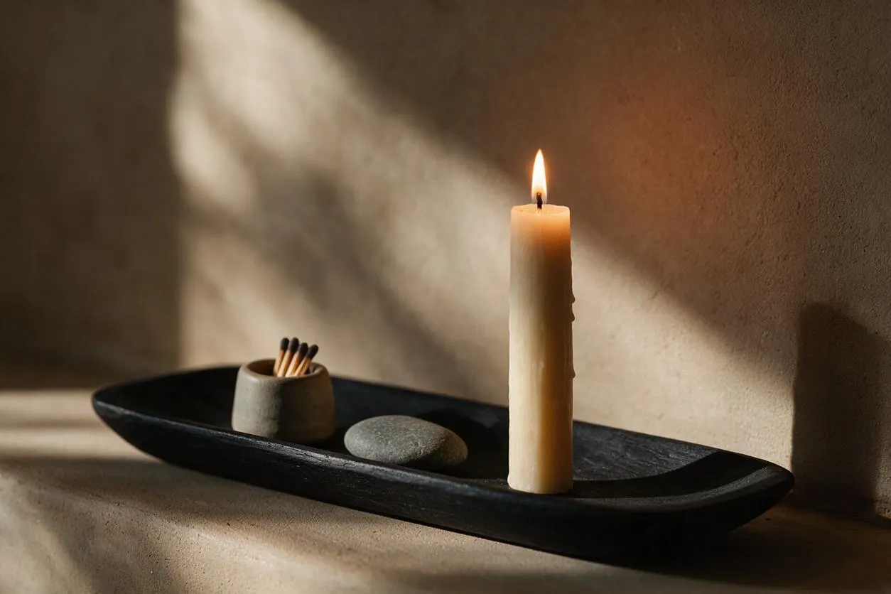 A serene Japandi-style still life on a textured ledge, featuring a tall lit candle, a small cup of matches, and a smooth stone arranged in a long black tray. Soft natural light creates warm shadows across the beige wall and surface.