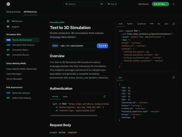 The image displays an API reference interface for a Text to 3D Simulation API.