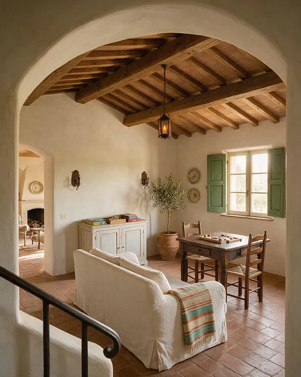 A Mediterranean-style game room with a high arched ceiling, exposed wooden beams, plaster walls, and terracotta tile flooring. The room includes a small wooden game table with chairs, a slipcovered sofa, a white cabinet, green window shutters, and a potted olive tree.