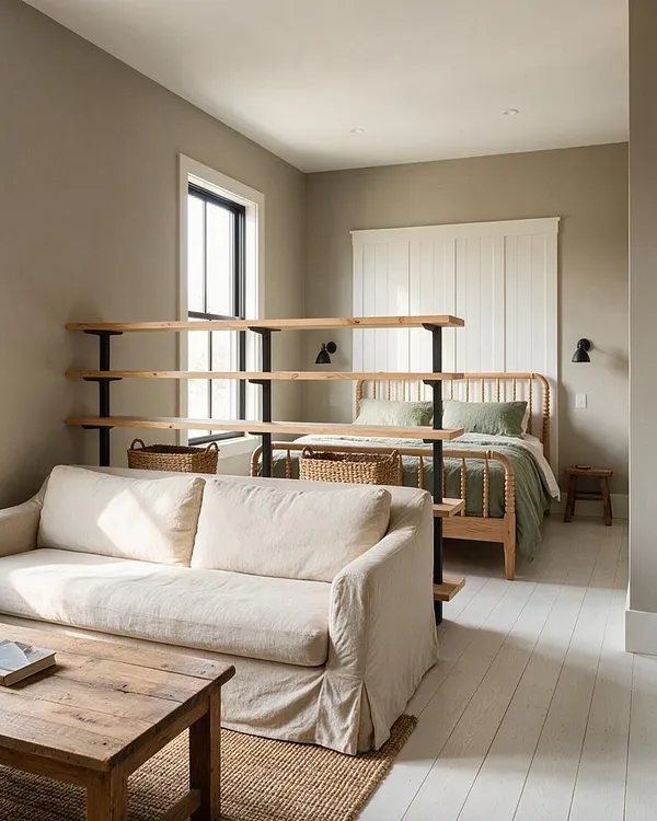 A studio apartment with a cream slipcovered sofa in the foreground, a rustic wooden coffee table, and a bed behind an open wood-and-metal shelving divider. The room features white painted floors, taupe walls, a white paneled headboard wall, woven baskets, and soft natural light from a tall window.