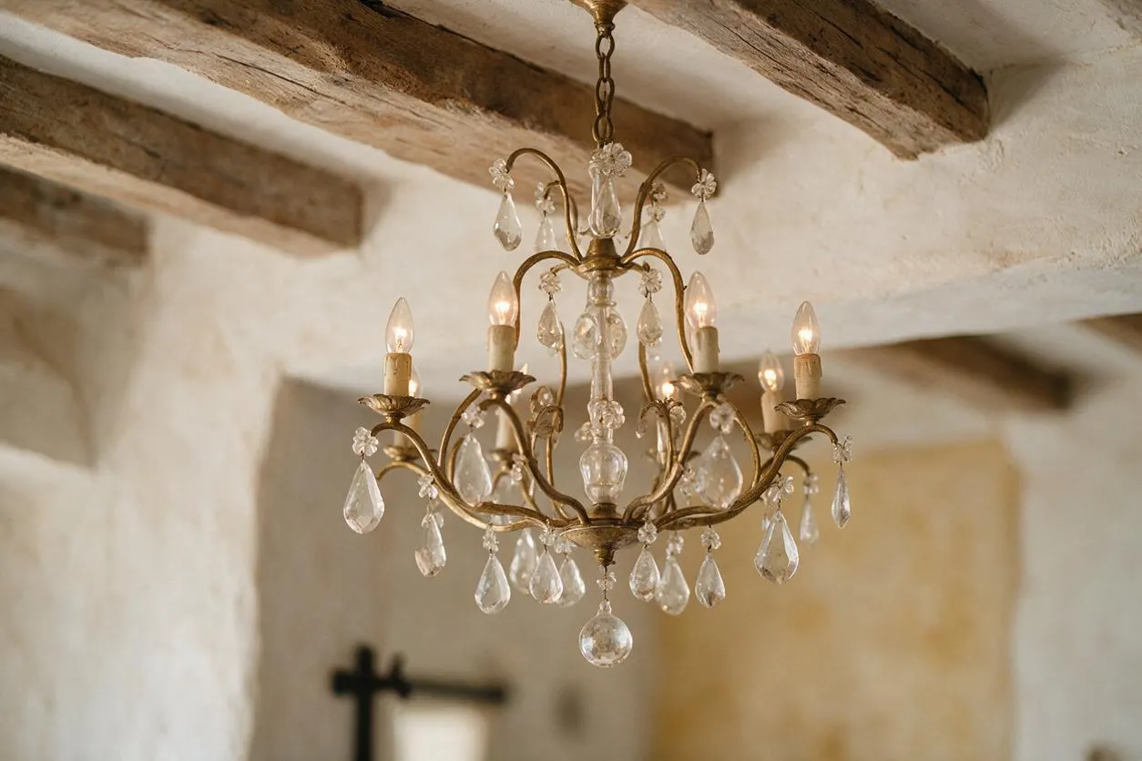 A small ornate chandelier with gold-toned metal arms and dangling crystal droplets hangs from a chain beneath exposed wooden ceiling beams. The background shows textured white plaster walls and a soft neutral interior, creating a warm French Country atmosphere.
