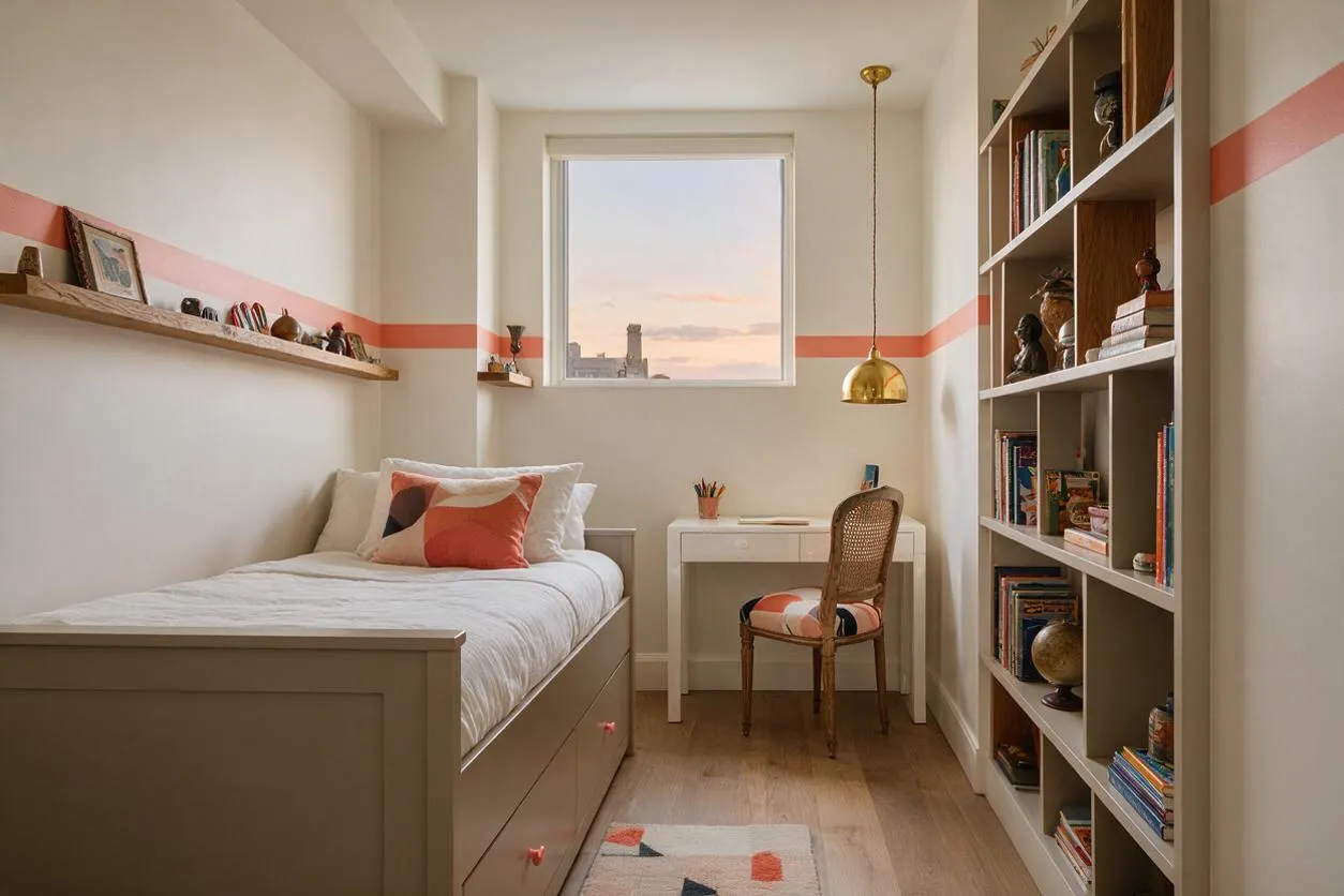 A narrow kids' room features a twin bed with white bedding, a coral-and-peach geometric pillow, a small white desk under a window, and a cane-back chair with a patterned seat cushion. Built-in shelving and a tall bookcase hold books and decorative objects, while a coral stripe wraps around the cream walls and warm wood flooring adds softness.