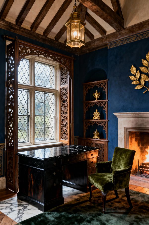 A richly detailed Gothic home office with deep indigo walls, a lit stone fireplace, and a timber-beamed ceiling hung with a brass lantern. An ebonized desk with a black marble top sits on a white-veined marble inset beside a stone-mullioned, leaded-glass window framed by carved oak tracery; a green velvet armchair and plush rug soften the room, while a built-in arched niche displays gilded objects.