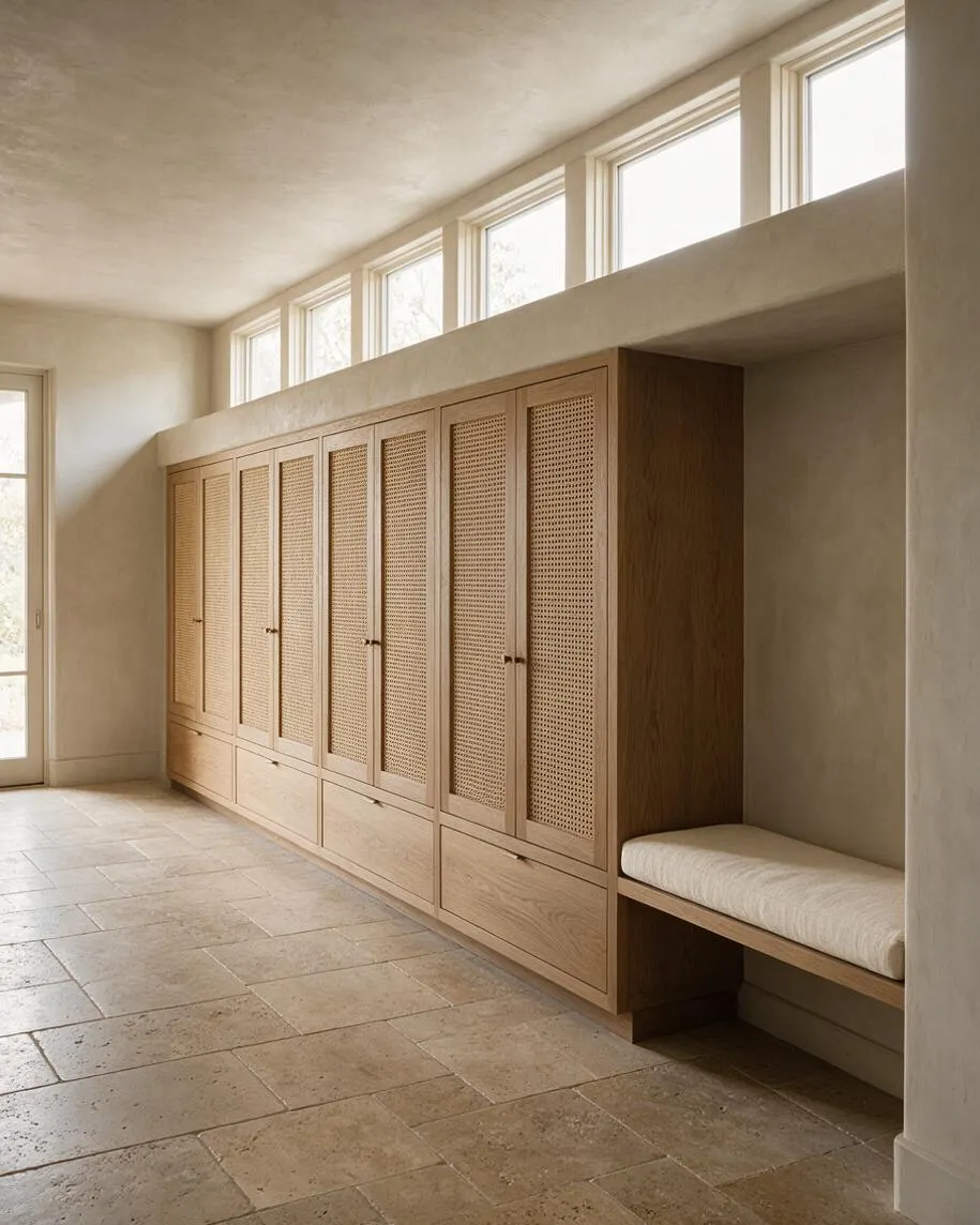 A serene entryway with a long built-in light wood storage wall featuring cane-panel cabinet doors and lower drawers, plus an integrated bench with a pale cushion on the right. Tall clerestory windows above bring in soft natural light, and the space is finished with beige plaster walls and large stone tile flooring in warm neutral tones.