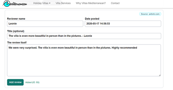 Screenshot of a GitHub pull request for the 'reviews importer' feature for Villas Mediterranean.