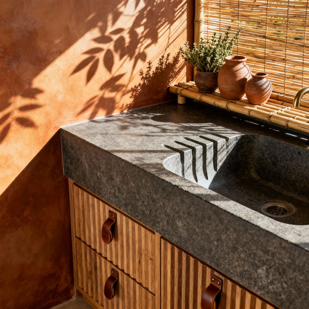 A sunlit kitchen corner with a charcoal-hued stone countertop and integrated sink featuring carved drain grooves. The scene includes fluted light-wood cabinetry with leather loop pulls, a slim brass faucet, a bamboo window shade that filters light and casts leaf shadows on a terracotta plaster wall, and a small potted herb alongside two terracotta vessels on a bamboo ledge.