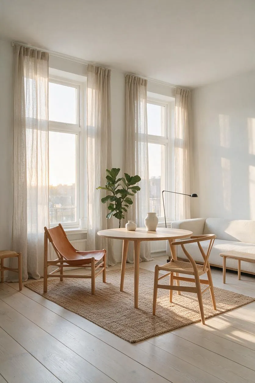 A bright Scandinavian-style studio apartment with tall windows dressed in sheer beige curtains, a round light wood dining table, woven rug, and two natural wood chairs. A white sofa, slim black floor lamp, potted plant, and pale wood floors create a calm, airy atmosphere filled with warm sunlight.