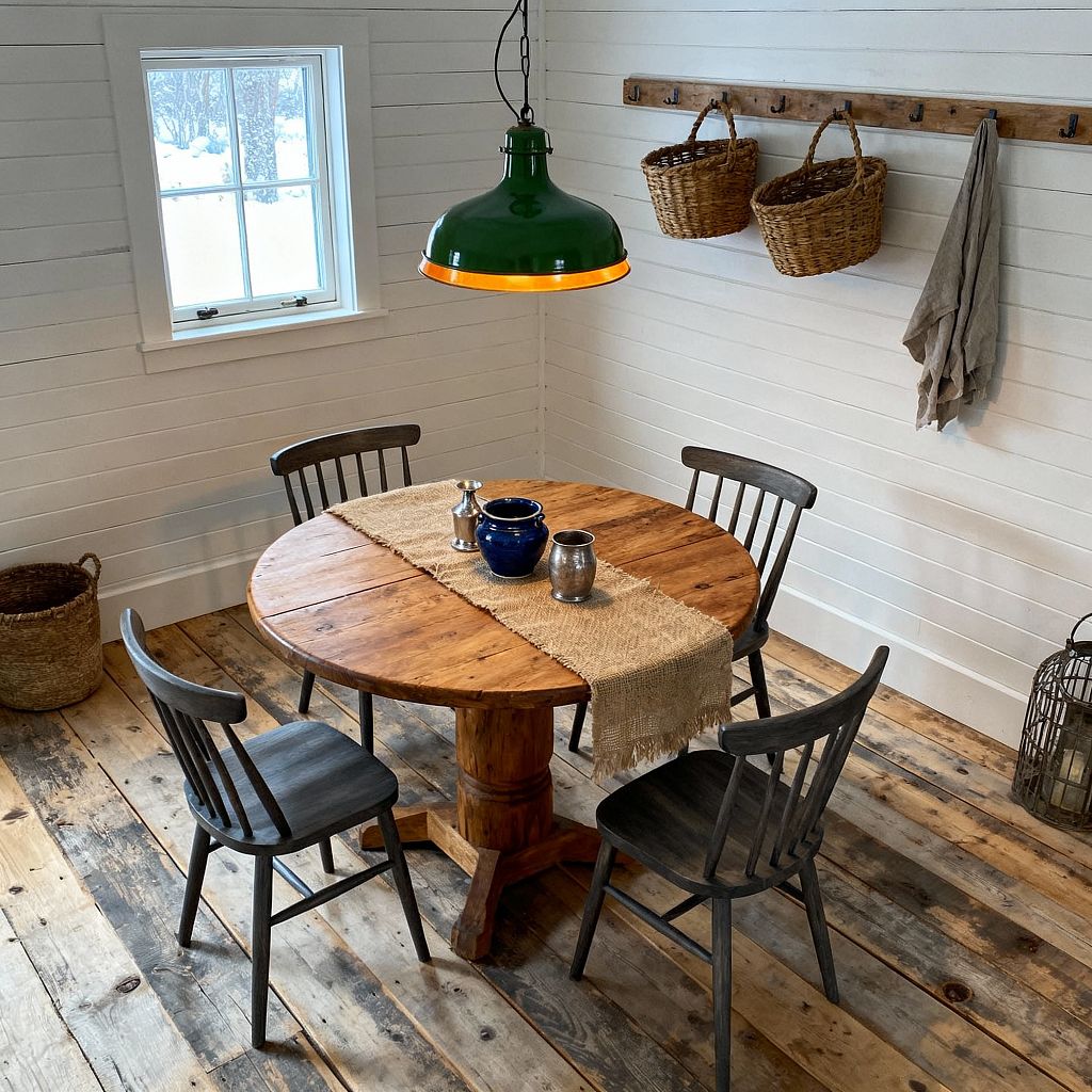 A small rustic dining corner features a round solid-wood pedestal table with a fringed jute runner and simple blue stoneware and metal cups. Four charcoal-painted spindle-back chairs surround it beneath a forest-green enamel pendant with a warm amber interior. White shiplap walls, a small window, and a wooden peg rail holding two wicker baskets and a linen towel frame the space, while weathered reclaimed-plank flooring and a metal lantern emphasize the farmhouse feel.