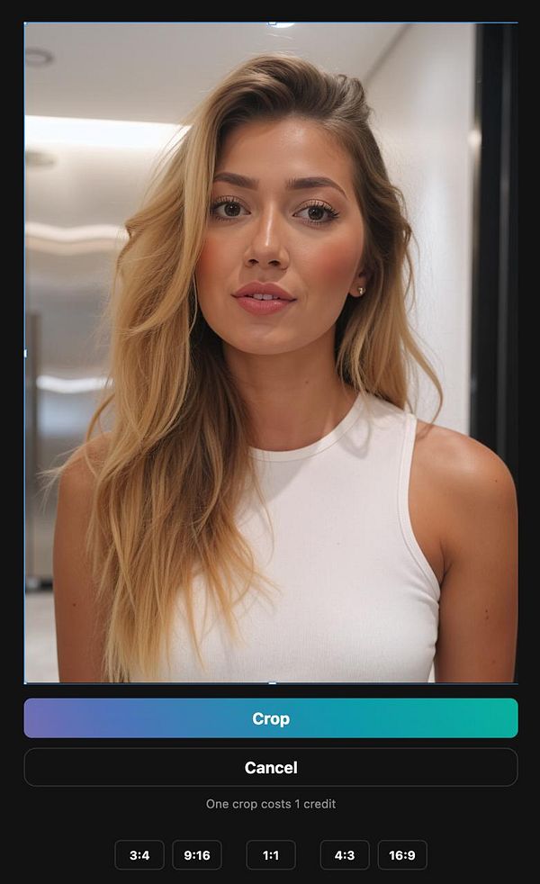 A crop modal interface displaying a portrait of a woman with various cropping options.