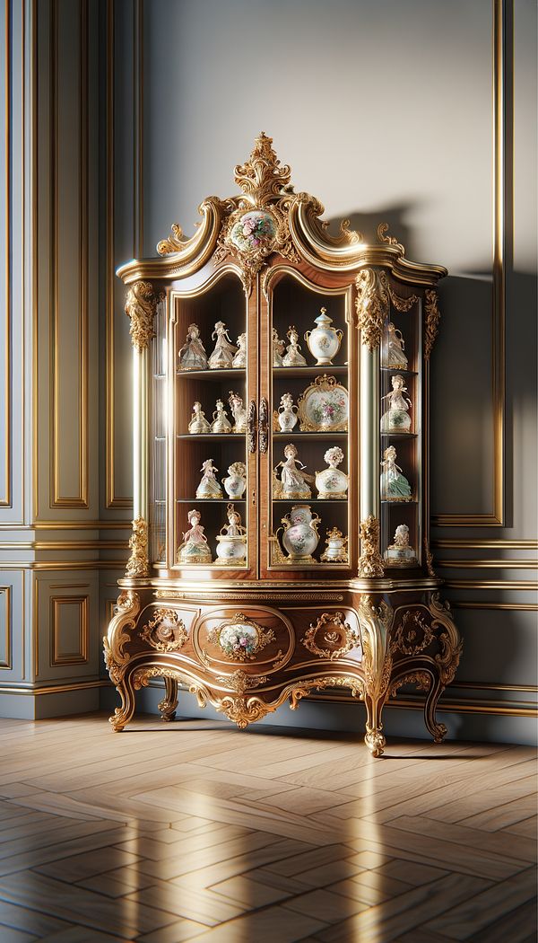 A rococo-styled encoignure with intricate wood carvings and gilded finishes, fitting snugly into a well-lit room corner, holding a collection of porcelain figurines.
