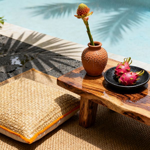 A tropical patio vignette by a pale-blue pool features a low live-edge wooden table dotted with water droplets. On the table sits a textured terracotta vase holding a single tropical bloom and a black ceramic plate with bright pink dragon fruit; nearby, a jute rug and woven natural-fiber floor cushion with orange piping rest beside wet dark pavers cast with palm leaf shadows.