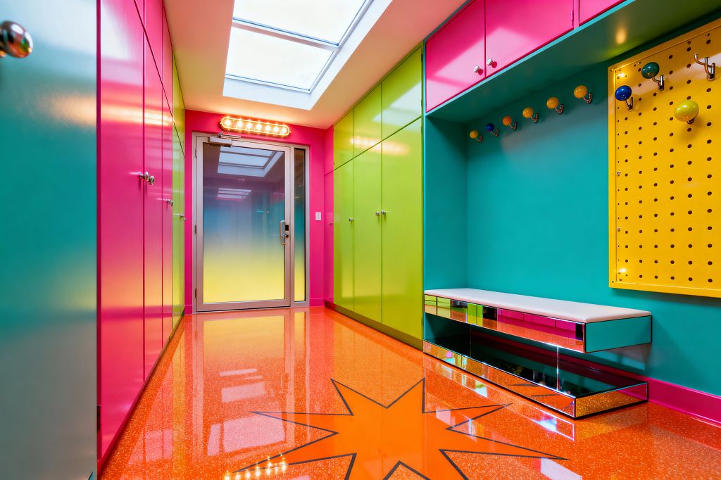 A narrow mudroom in vivid Pop Art colors features hot pink and lime green floor-to-ceiling cabinets, a teal wall with a bright yellow perforated pegboard and multicolored ball hooks. An orange speckled epoxy floor with a large starburst graphic leads to a glass door with teal-to-yellow gradient film, while a floating mirrored bench with a white cushion reflects light from a bulb-strip fixture and a skylight overhead.