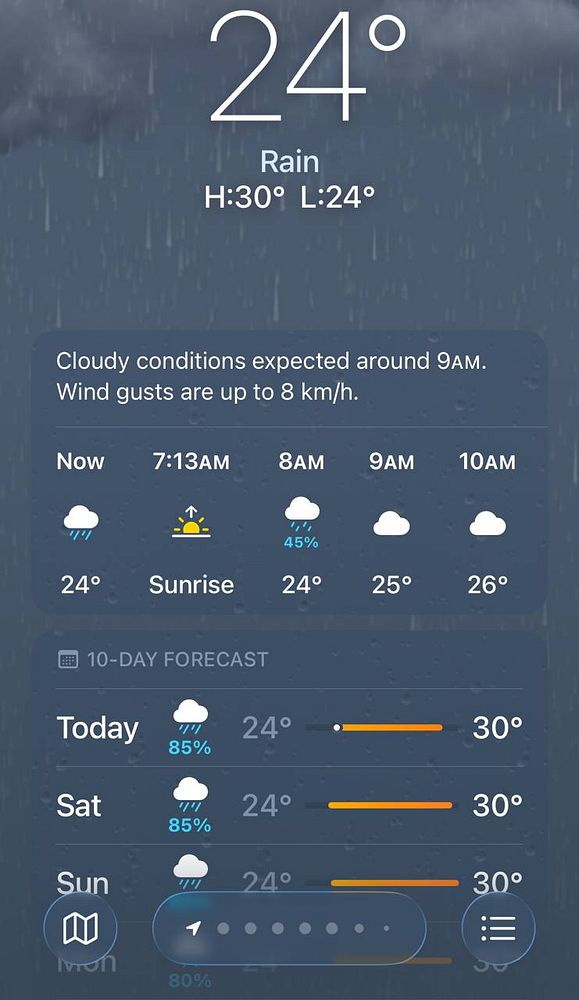 The image displays a weather forecast indicating cold and rainy conditions.
