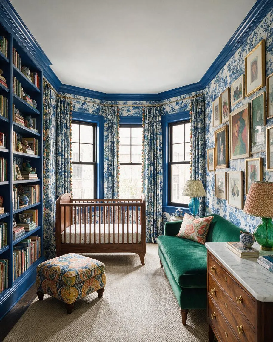 A maximalist nursery with bold blue trim, floral wallpaper, and matching patterned curtains around three tall windows. The room includes a wooden crib, a green velvet sofa, a built-in bookshelf filled with books and decorative objects, framed art gallery walls, a patterned ottoman, and a wood dresser with a marble top.