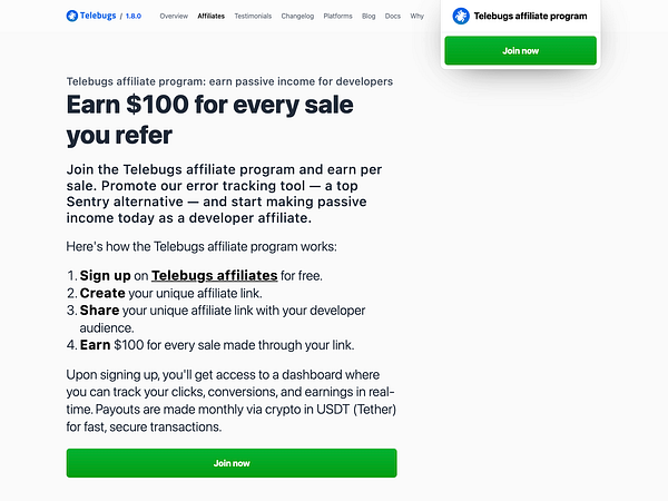 The image displays the Telebugs affiliate program marketing page.