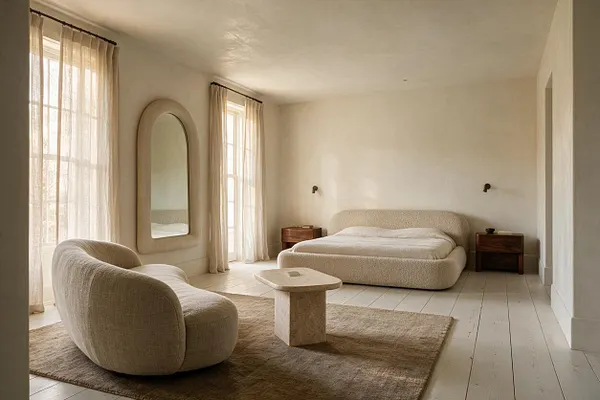 A serene guest bedroom in organic modern style with a low upholstered bed, matching wood nightstands, a sculptural lounge chair, and an arched floor mirror. Sheer curtains filter daylight through tall windows, while a textured rug and stone coffee table add warmth to the soft beige and cream palette.