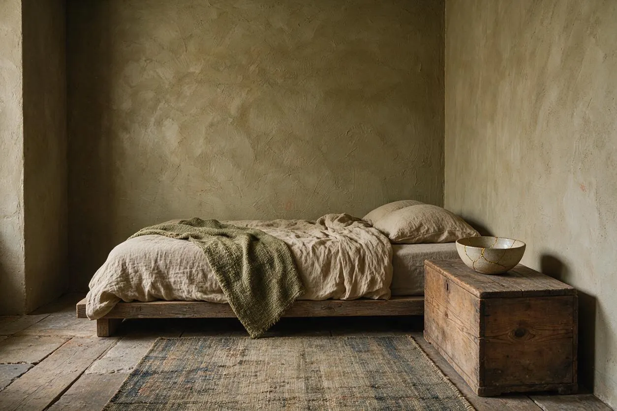 A minimalist guest bedroom with a low wooden platform bed, rumpled beige bedding, and a textured green throw. The room has plaster walls in muted earth tones, a weathered wooden chest used as a bedside table, a ceramic bowl, and a faded woven rug on a stone floor.