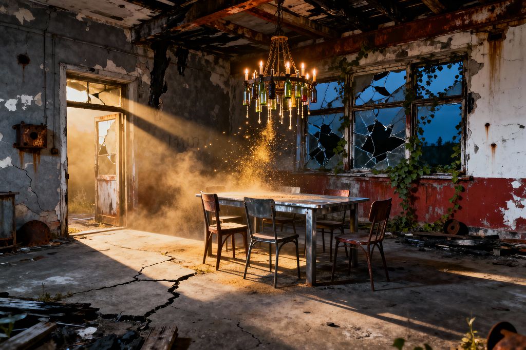 An abandoned room becomes a dining area with a metal table and mismatched, rusted chairs set on a cracked concrete floor. Golden sunlight pours through a broken doorway, catching dust beneath an upcycled chandelier made from glass bottles with candlelike bulbs. Peeling gray plaster, a rust-red lower wall, shattered windows, creeping ivy, charred ceiling beams, and scattered debris create a gritty, cinematic atmosphere in a post-apocalyptic style.