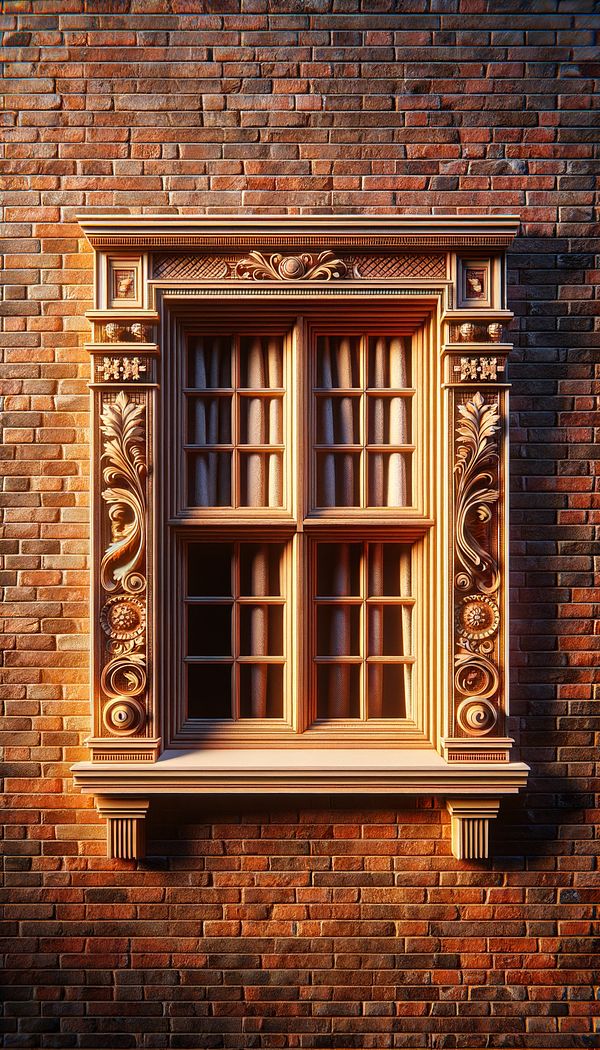 A traditional wooden sash window with intricate detailing, set in a brick wall, partly open to let in the late afternoon light.