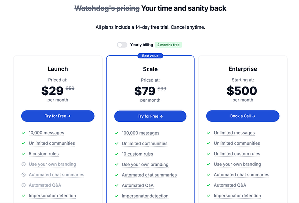Screenshot of a landing page design and blog post list showing pricing updates, multiple blog posts per row with tags, and a highlighted blog post about impersonation scams.