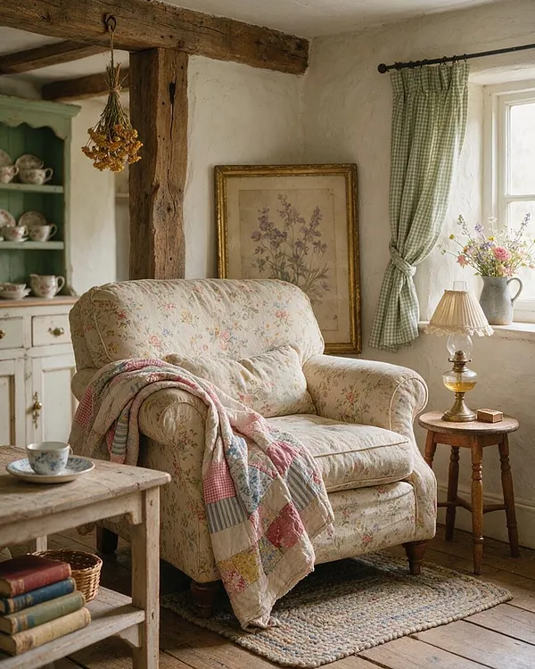 A cozy cottage-style sitting area with a floral upholstered armchair draped in a pastel patchwork quilt, set on a woven rug beside a small wooden stool and brass lamp. A green gingham curtain, rustic wood beams, painted cabinet, and framed botanical art complete the warm, romantic scene.